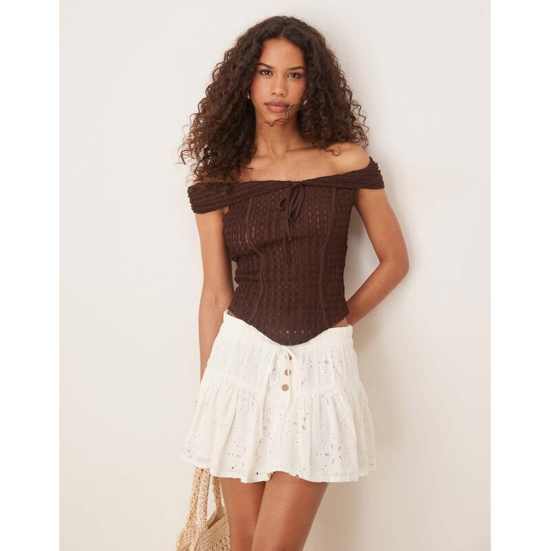 ASOS DESIGN texture off the shoulder short sleeve top with tie detail in chocolate-Brown