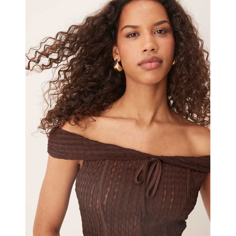 ASOS DESIGN texture off the shoulder short sleeve top with tie detail in chocolate-Brown