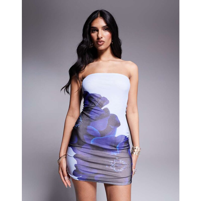 Kaiia exclusive double layered slinky mesh bandeau mini dress in blue 106025407