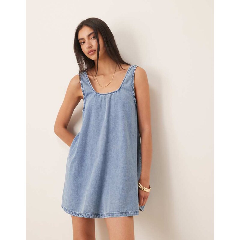 ASOS DESIGN low back scoop neck dress in lightwash blue