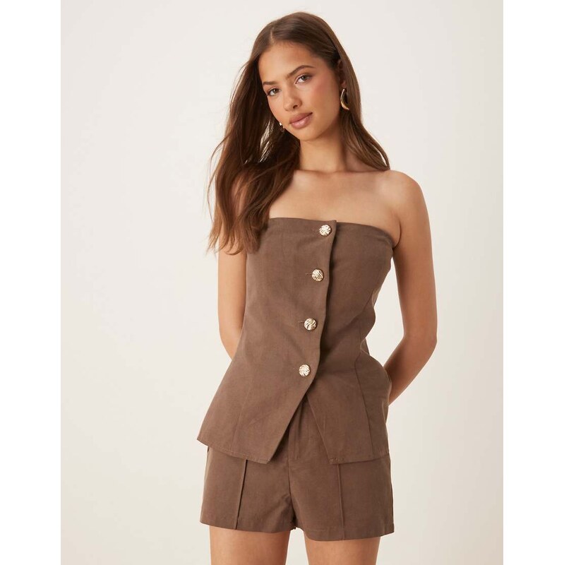 SNDYS linen look bandeau gold button tie back waistcoat co-ord in 111281185