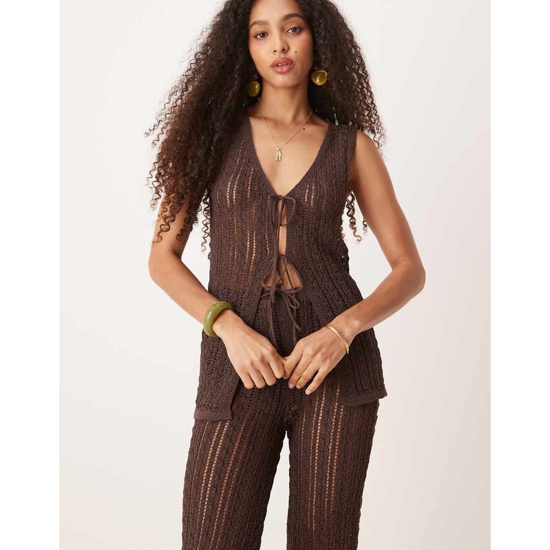 Mango crochet tie front sleeveless top co-ord in brown 106025558