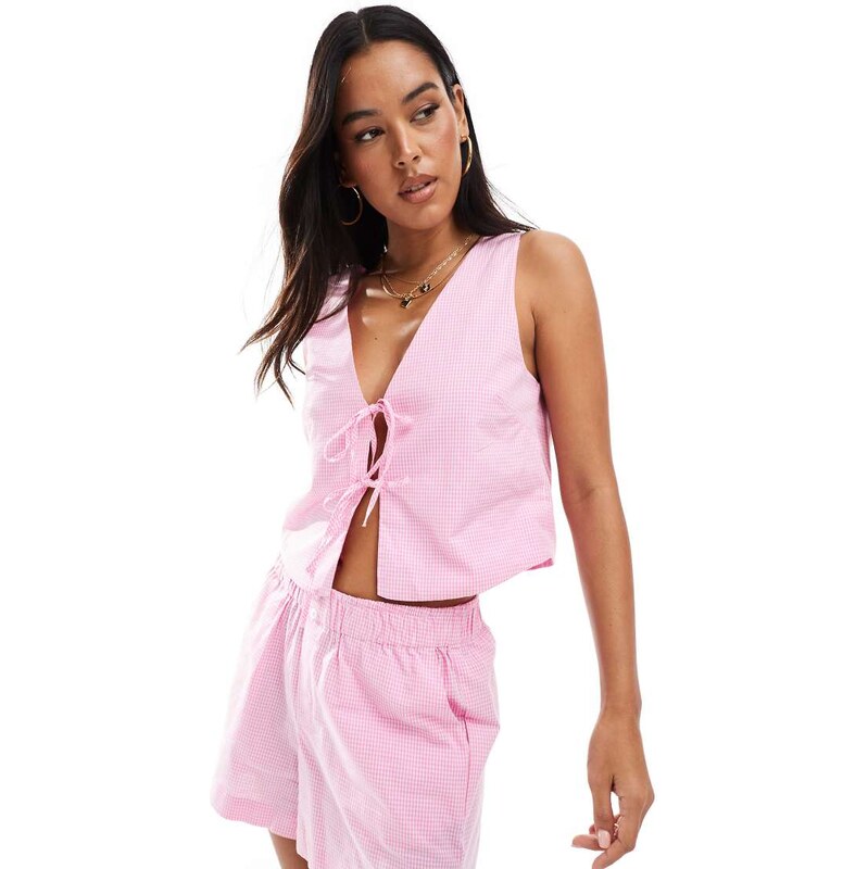 ONLY tie front top co-ord in pink gingham 113117280