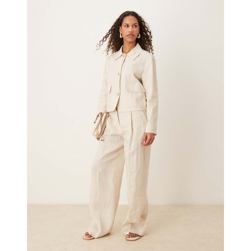 Mango wide leg tailored linen trouser with front pleat co-ord in stone 106051233