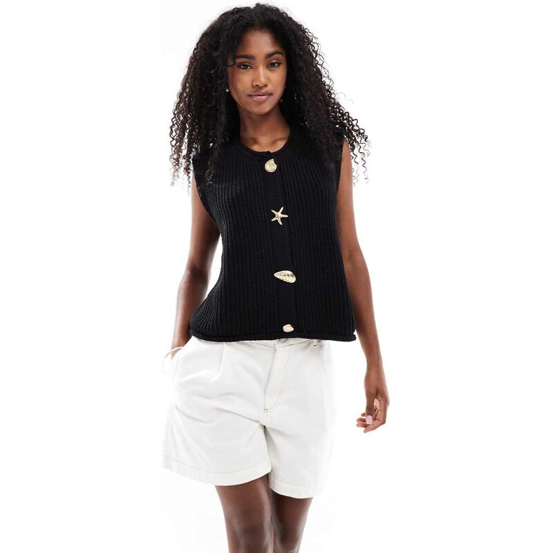 ASOS DESIGN knitted boxy waistcoat with multi shell buttons in black 106025542