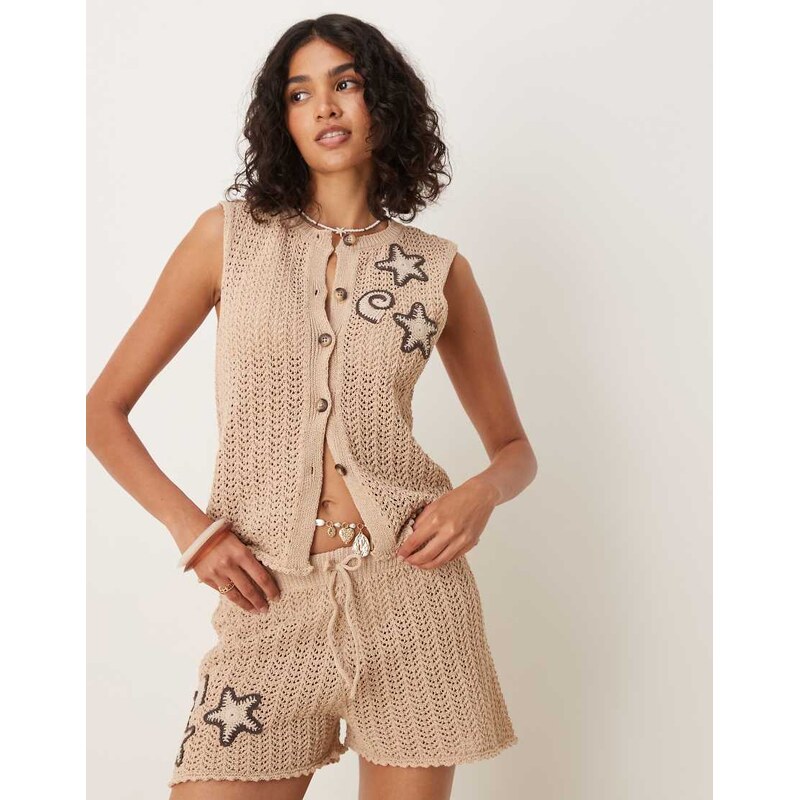 ASOS DESIGN knitted waistcoat co-ord with crochet shells in brown 106025590