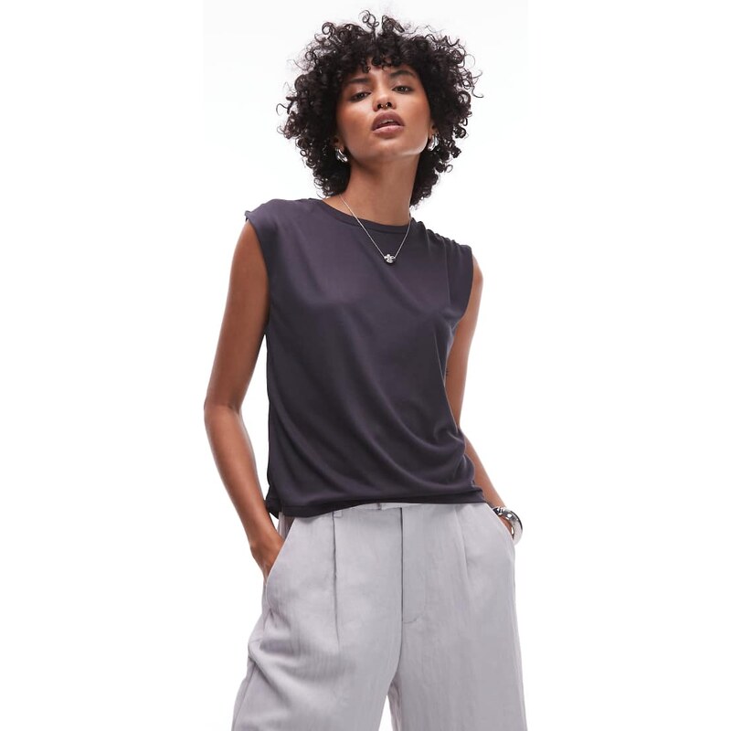 Mango soft touch ruched shoulder detail t-shirt in charcoal-Grey 106025611