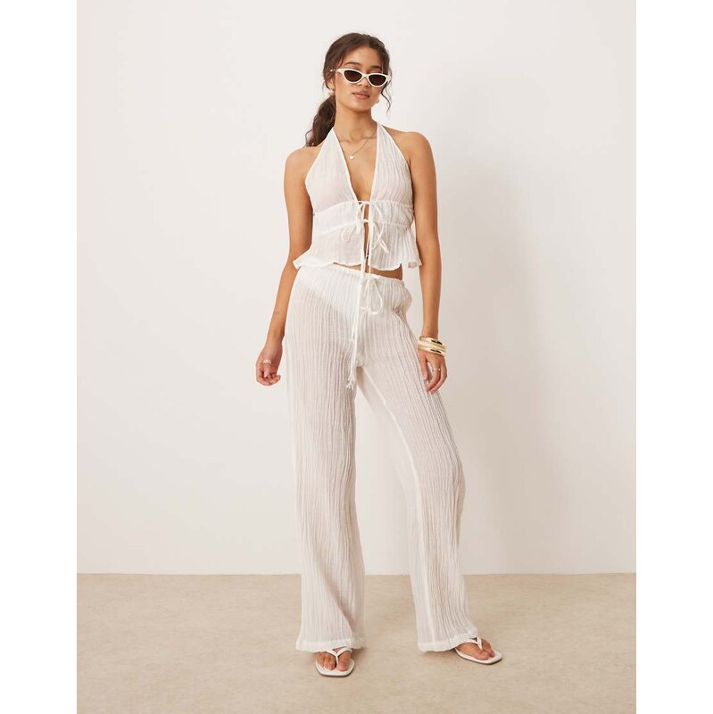 Mango ramie crinkle tie waist co-ord trouser in white 106025625