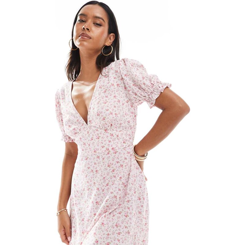 Miss Selfridge printed spun v neck mini tea dress in pink ditsy