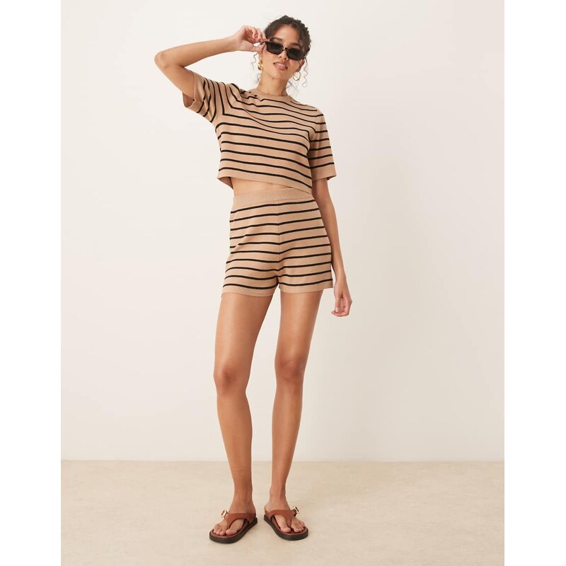 Brave Soul Co-ord knitted shorts in tan and black stripe-Brown 106107390