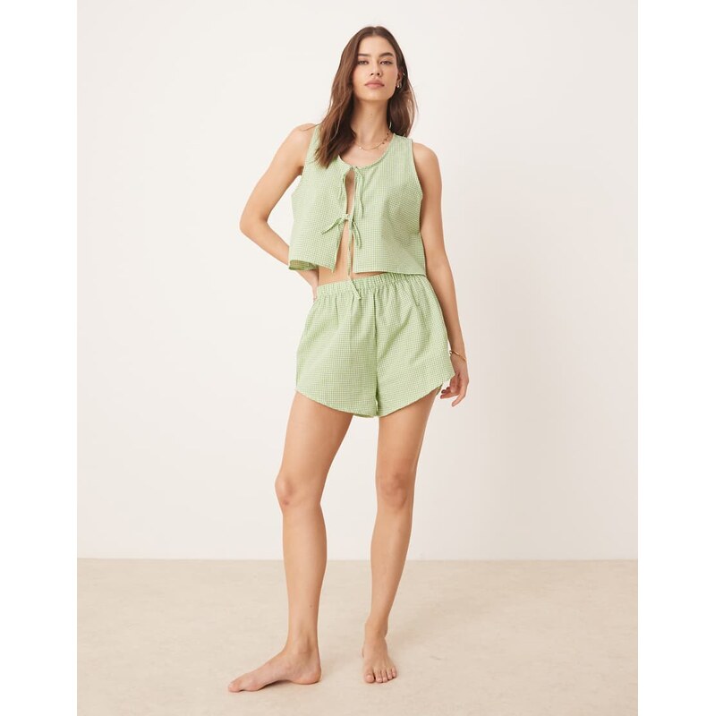 Luna gingham vest and short pyjama set in green check 106280896