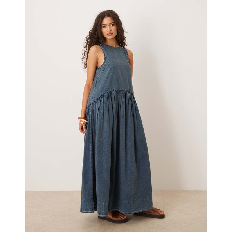 ASOS DESIGN slash neck smock midi dress with dropped waist in