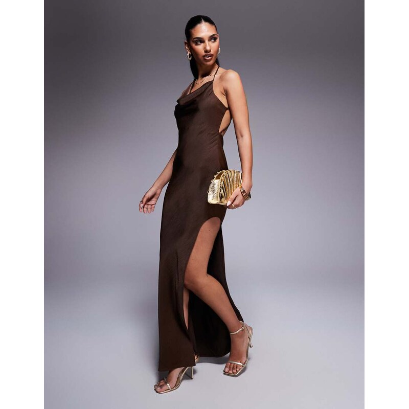 ASOS DESIGN satin asymmetric strap midaxi dress with split in