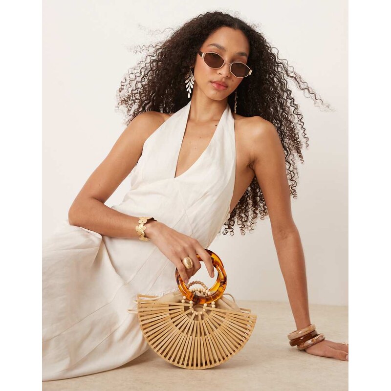 Mango linen mix halter neck midi dress in white 106025493