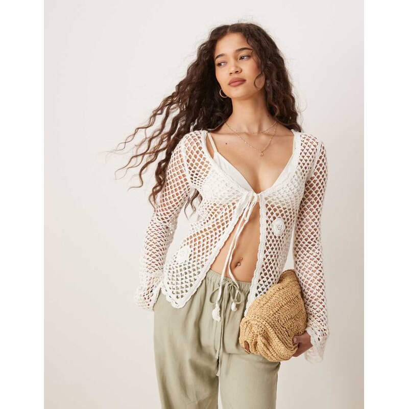 Mango cotton tie front long sleeve crochet cardigan with rose detail 106025615