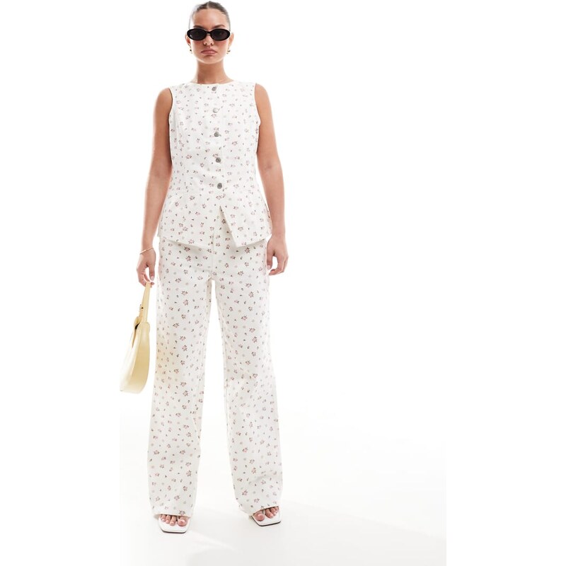 Threadbare co-ord wide leg jeans in white with pink ditsy print