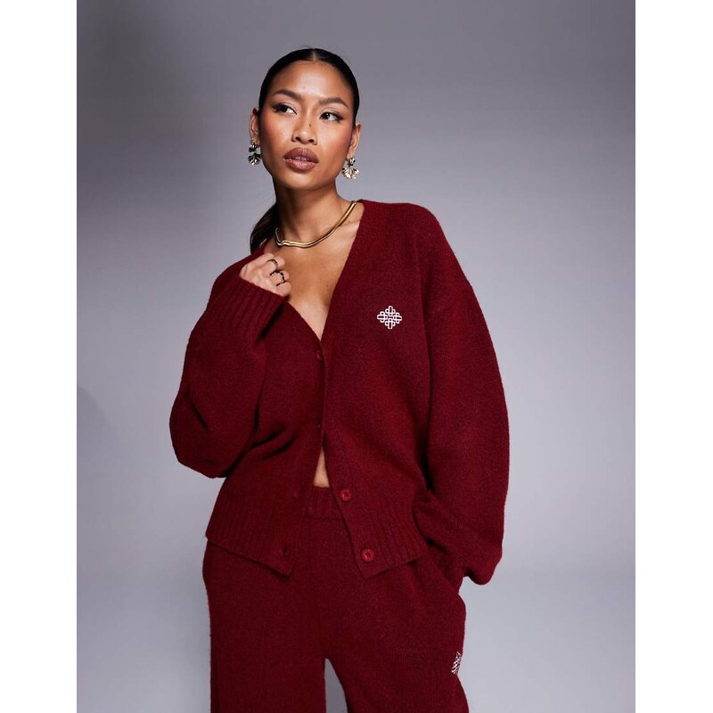 The Couture Club co-ord oversized fluffy knitted cardigan in burgundy 106051062