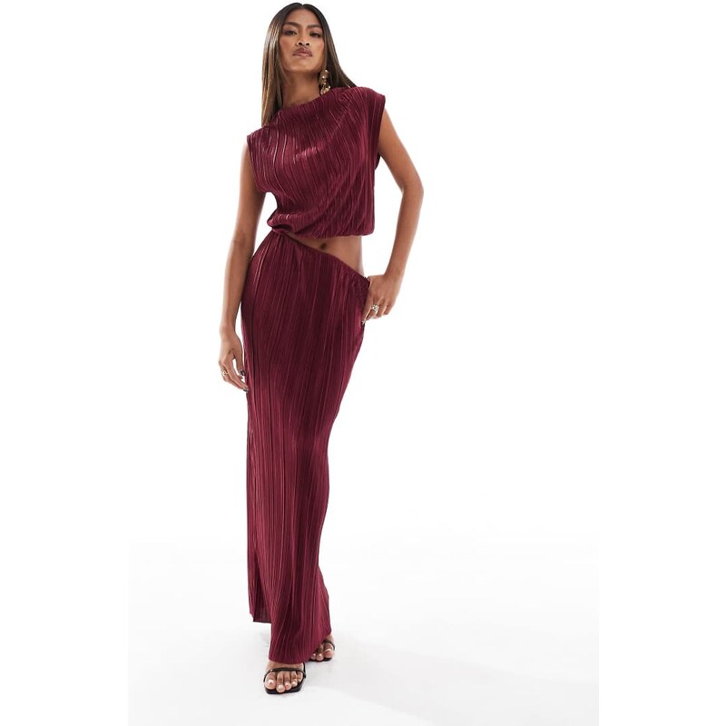 ASOS DESIGN plisse cutout detail maxi dress in burgundy-Red