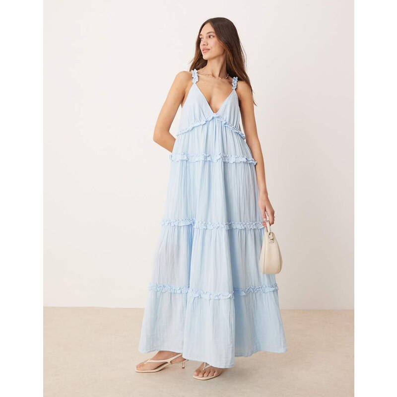 YAS tiered ruffle detail cami maxi dress in soft blue 106051176