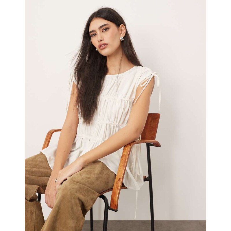 ARRANGE clean cotton ruched top with drawstring detail in white-Multi 106056961