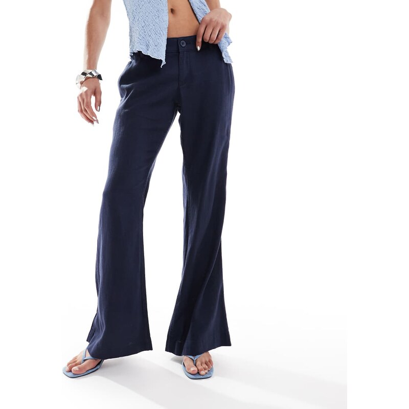 Hollister low rise linen tailored baggy flare trousers in navy 106568486