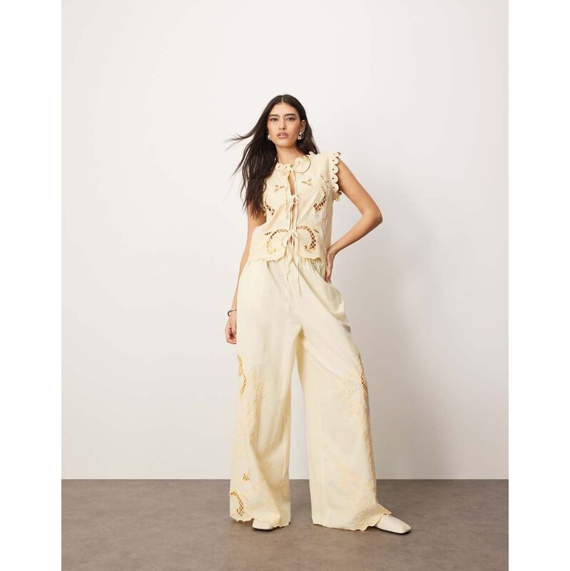 ARRANGE cotton embroidered cutwork straight leg trouser in lemon