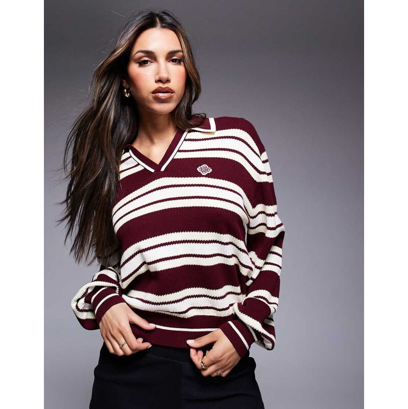 The Couture Club oversized striped knitted polo shirt in burgundy and 106058574