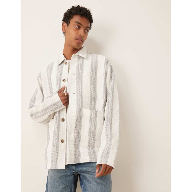 Selected 100% cotton waffle overshirt in white navy stripe