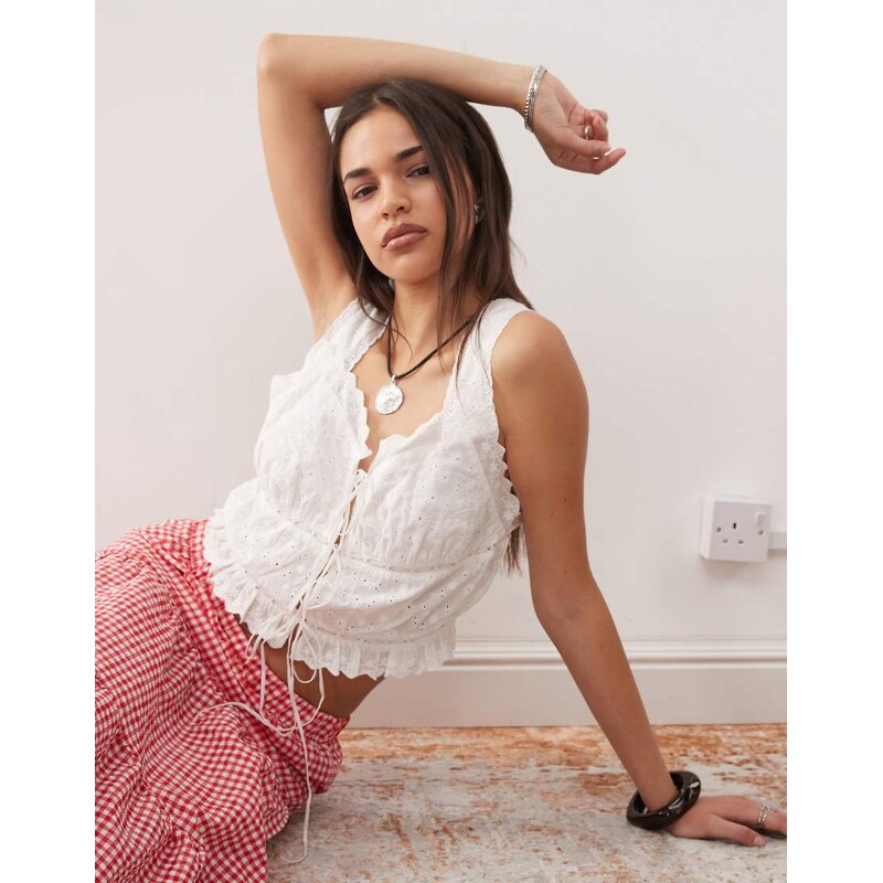 Noisy May tie front broderie top in white