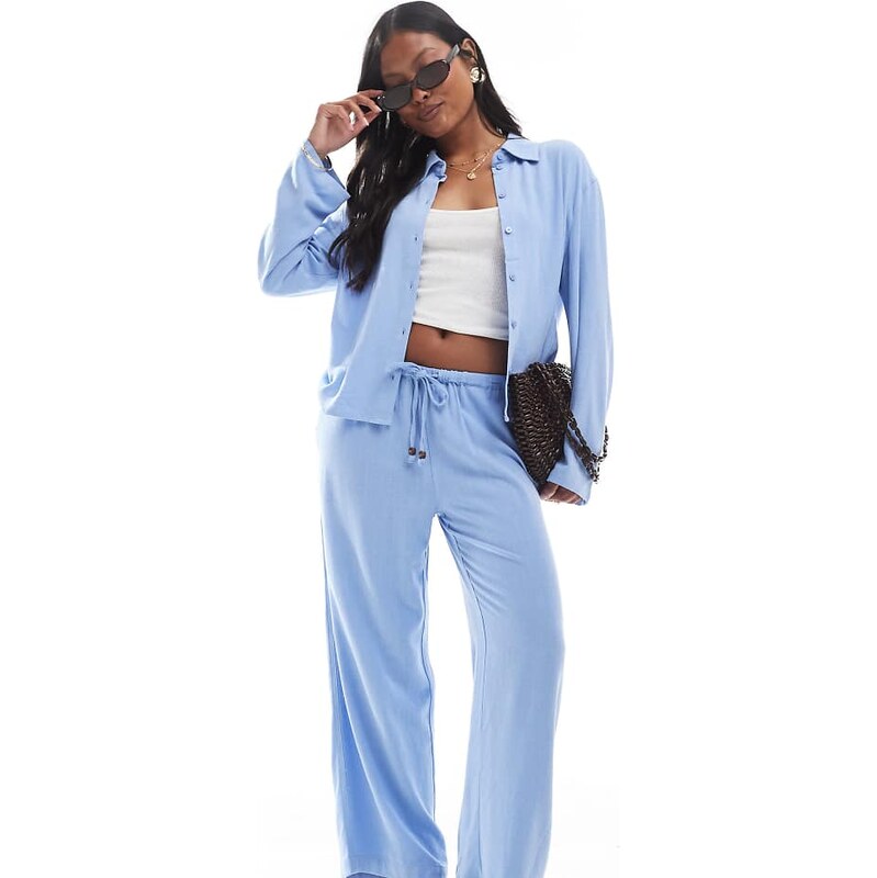 ONLY Petite linen mix pull on wide leg trousers co-ord with beads detail in light blue
