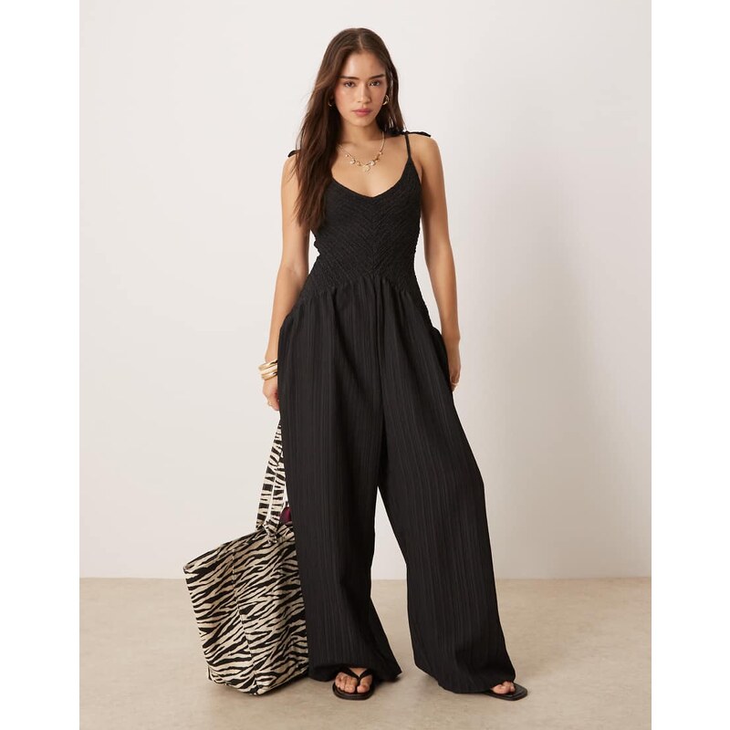 ASOS DESIGN V neck poly crinkle dropped waist jumpsuit in black 113260512