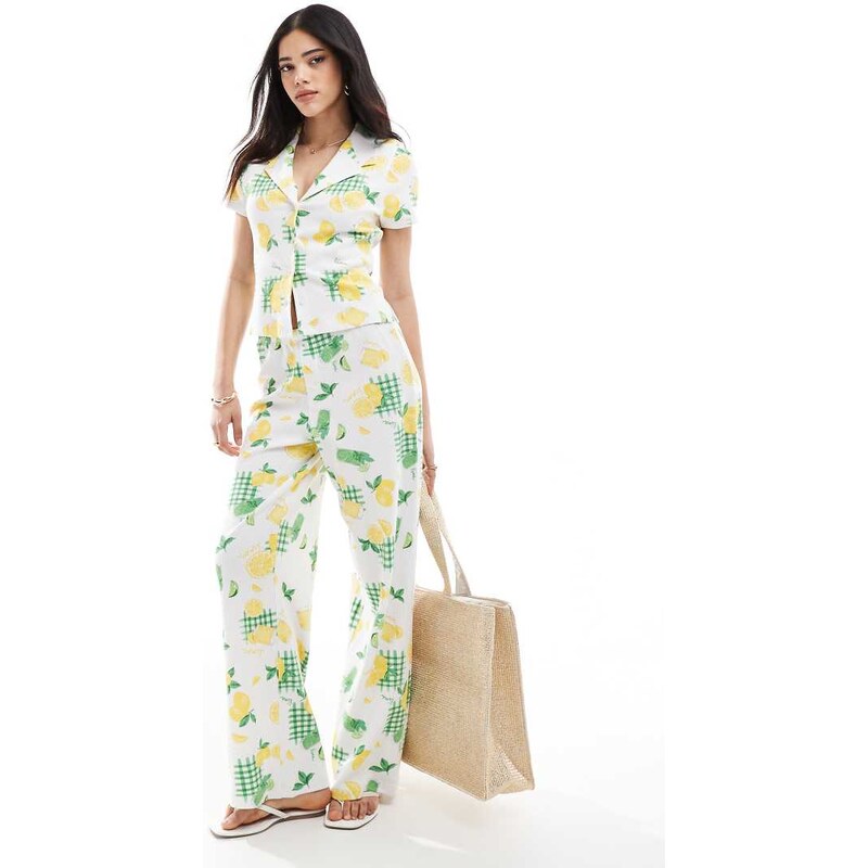 ASOS DESIGN wide leg boxer waffle trouser co-ord in lemon drink print 106058308