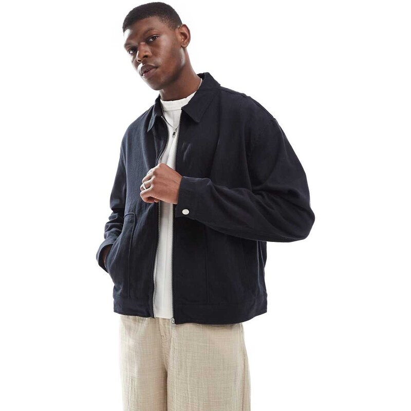 ASOS DESIGN Premium linen blend boxy harrington jacket in black