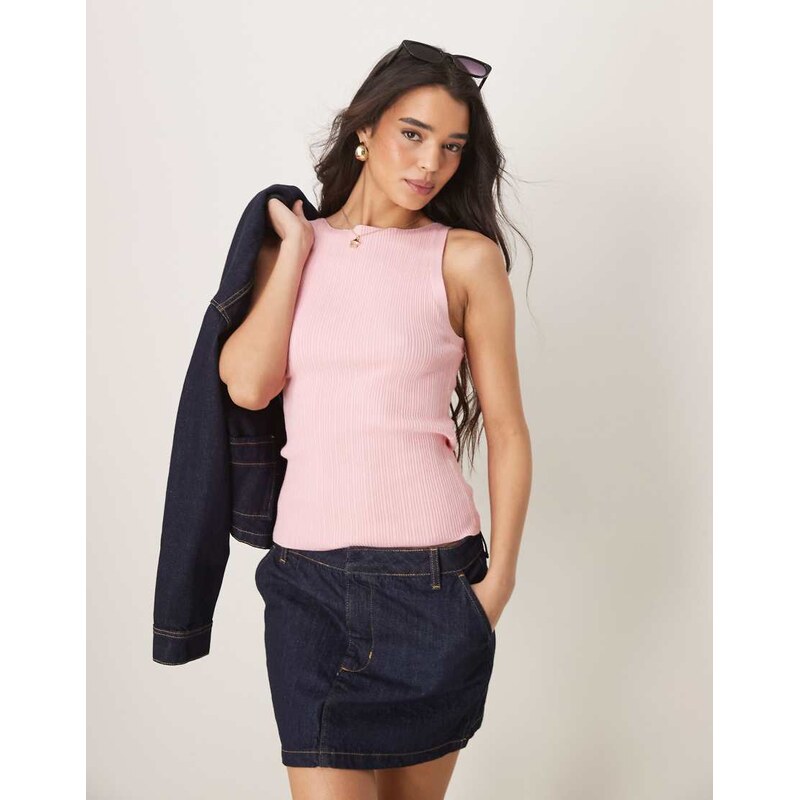 ASOS DESIGN knitted slash neck rib cami top in pink