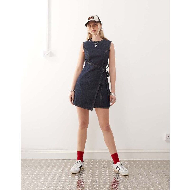 COLLUSION denim mini dress with wrap detail in rinse wash-Blue