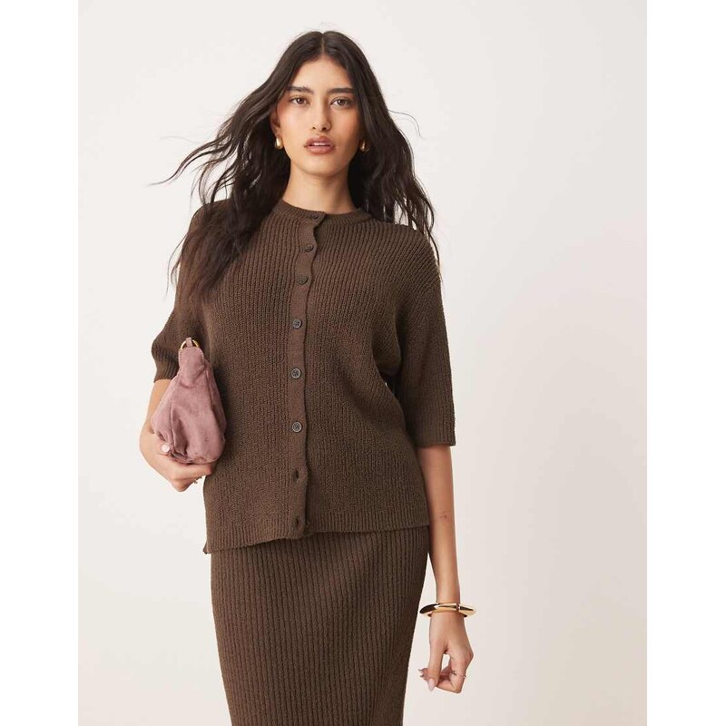 ASOS DESIGN short sleeve boucle cardigan co-ord in chocolate-Brown 106553559