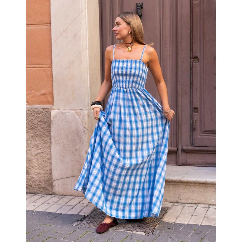 Daisy Street x Molly Mcfarlane shirred body maxi dress in blue check 106058409