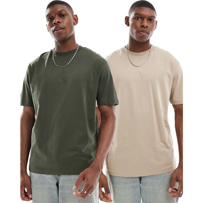 ASOS DESIGN essentials 2 pack relaxed t-shirts in green and stone-Multi