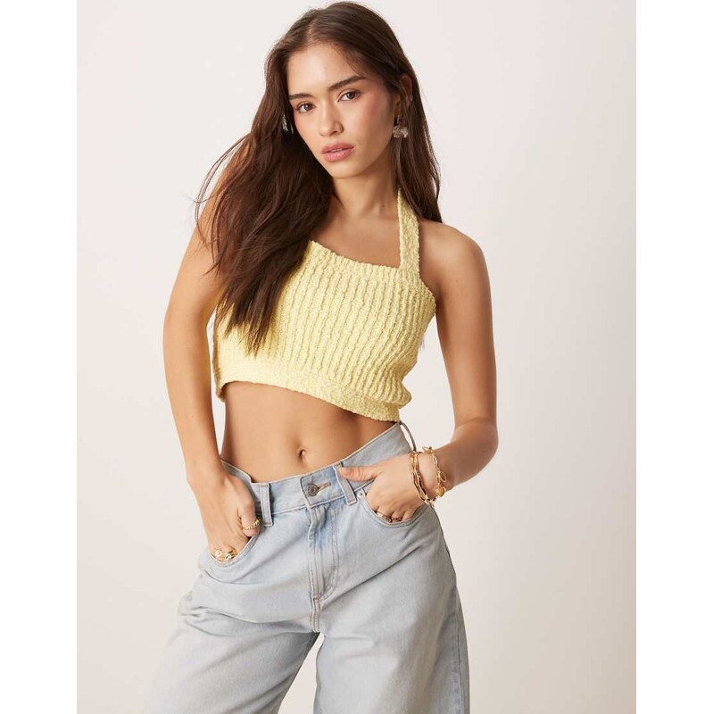 ASOS DESIGN knitted halter crop top in slub yarn in yellow 106058492