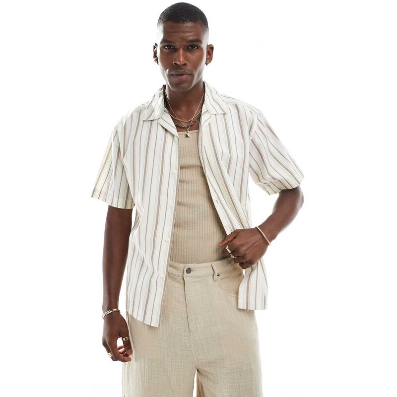 ONLY & SONS loose fit short sleeve shirt in beige stripe-White