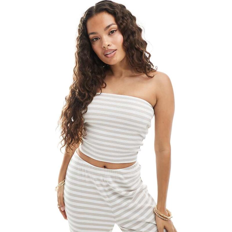 Vero Moda Petite ribbed jersey tube top co-ord in beige stripe-Neutral 106058509