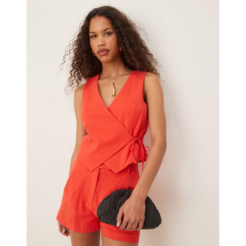 Nobodys Child Aria wrap tailored linen waistcoat co-ord in red
