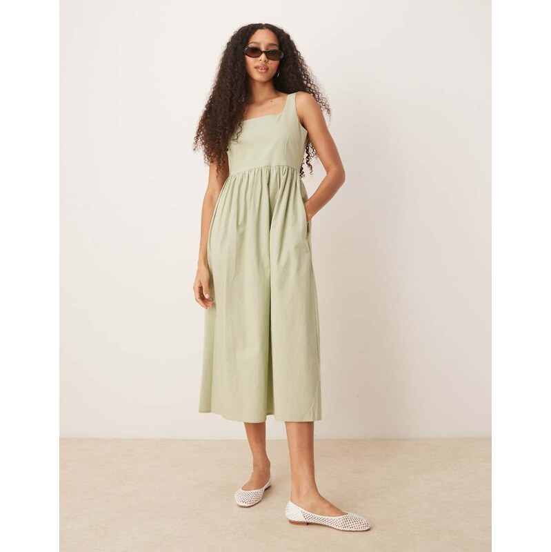 Brave Soul cotton rich square neck midi dress in sage green 106058557