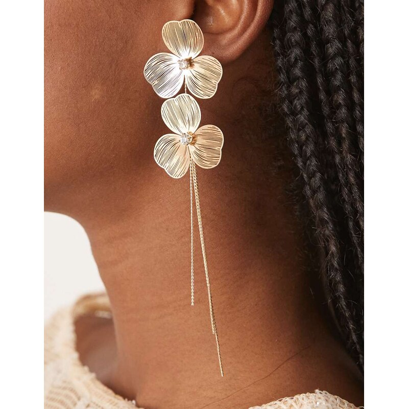 ASOS DESIGN stud wire floral earrings with chain drop tassel in
