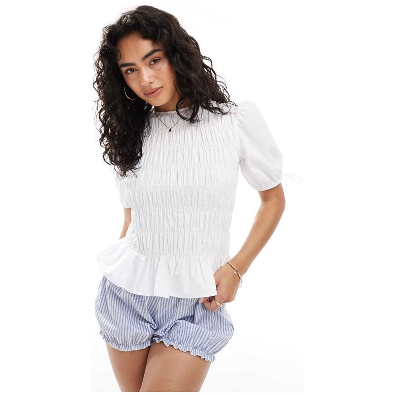 ASOS DESIGN puff sleeve top with shirring detail in white