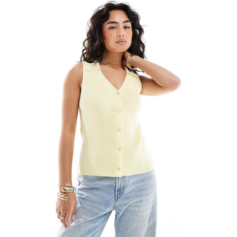 ASOS DESIGN ribbed collared knitted top in buttermilk-Yellow 106246437