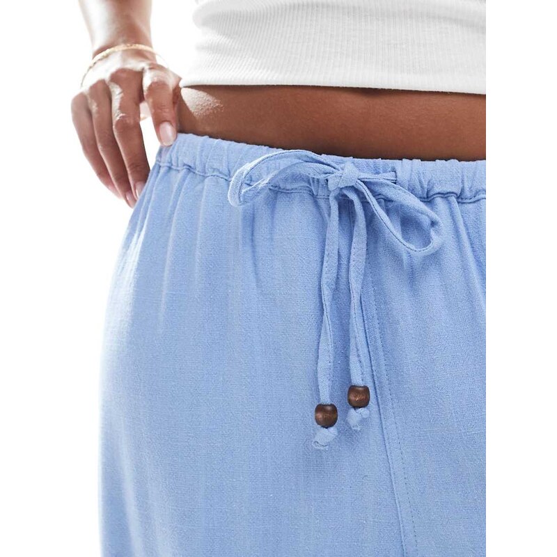 ONLY Petite linen mix pull on wide leg trousers co-ord with beads detail in light blue
