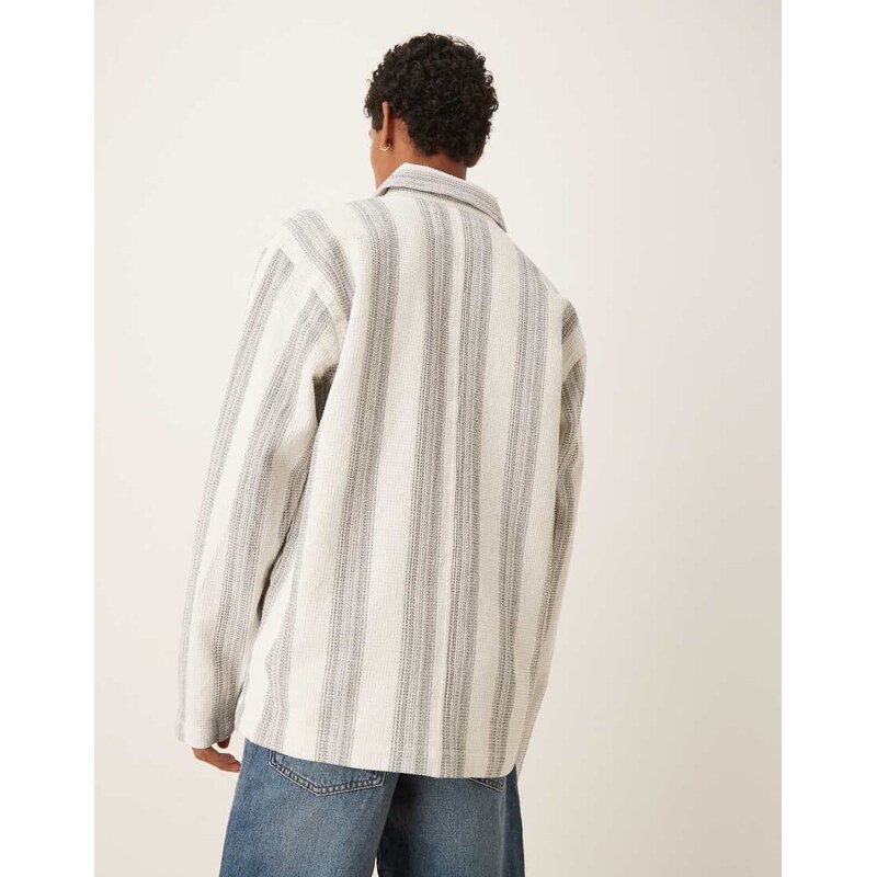 Selected 100% cotton waffle overshirt in white navy stripe