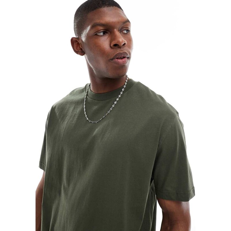 ASOS DESIGN essentials 2 pack relaxed t-shirts in green and stone-Multi