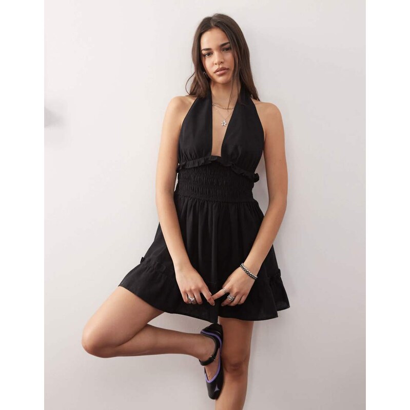 Collusion woven halter mini dress in black - BLACK 106147973
